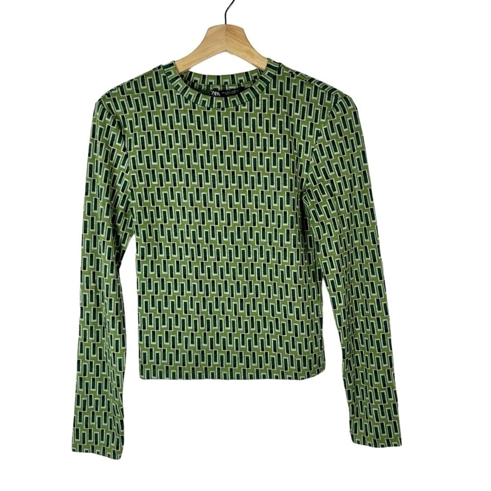 Zara Green Retro Geometric Crewneck Long‎ Sleeve Top S